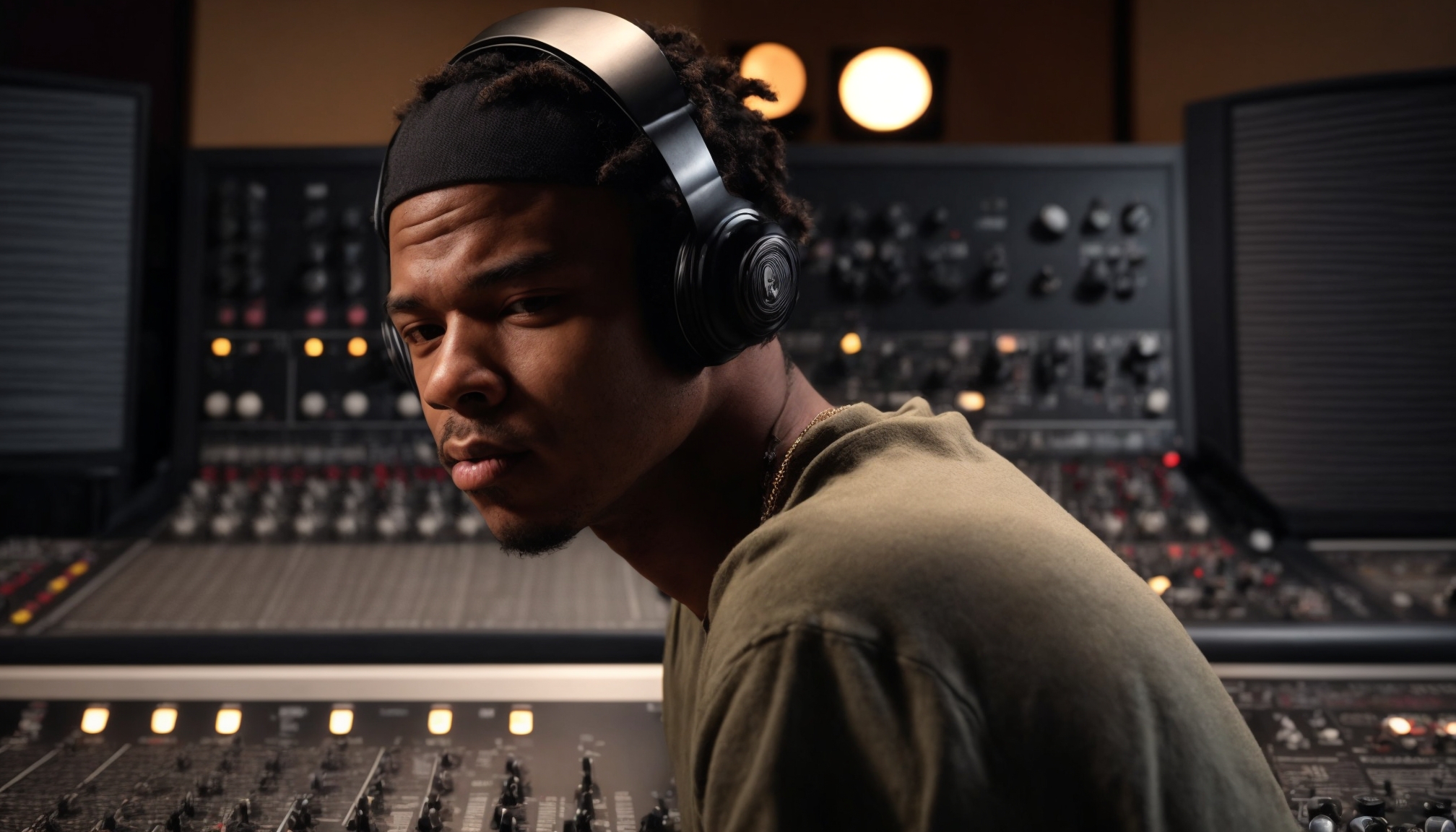 Young rapper working candidly behind a professional studio mixing console in a recording studio