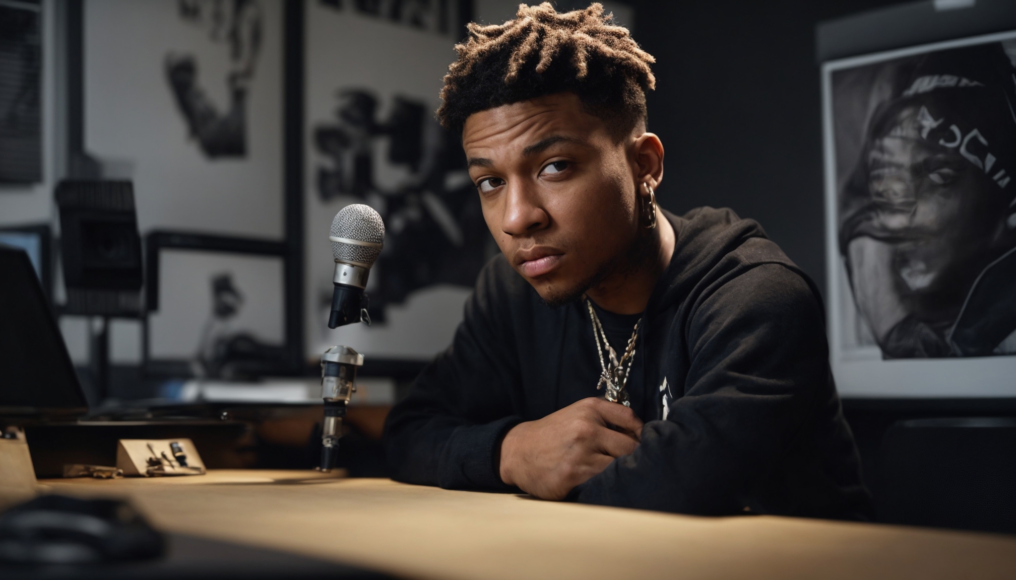 Young rapper with focused expression behind studio desk