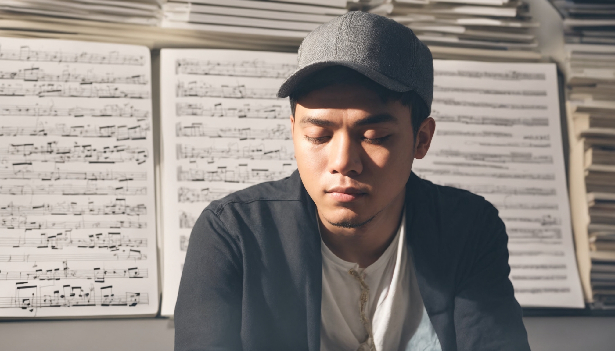 Music journalist analyzing rap lyrics on a studio desk surrounded by lyric sheets and notebooks