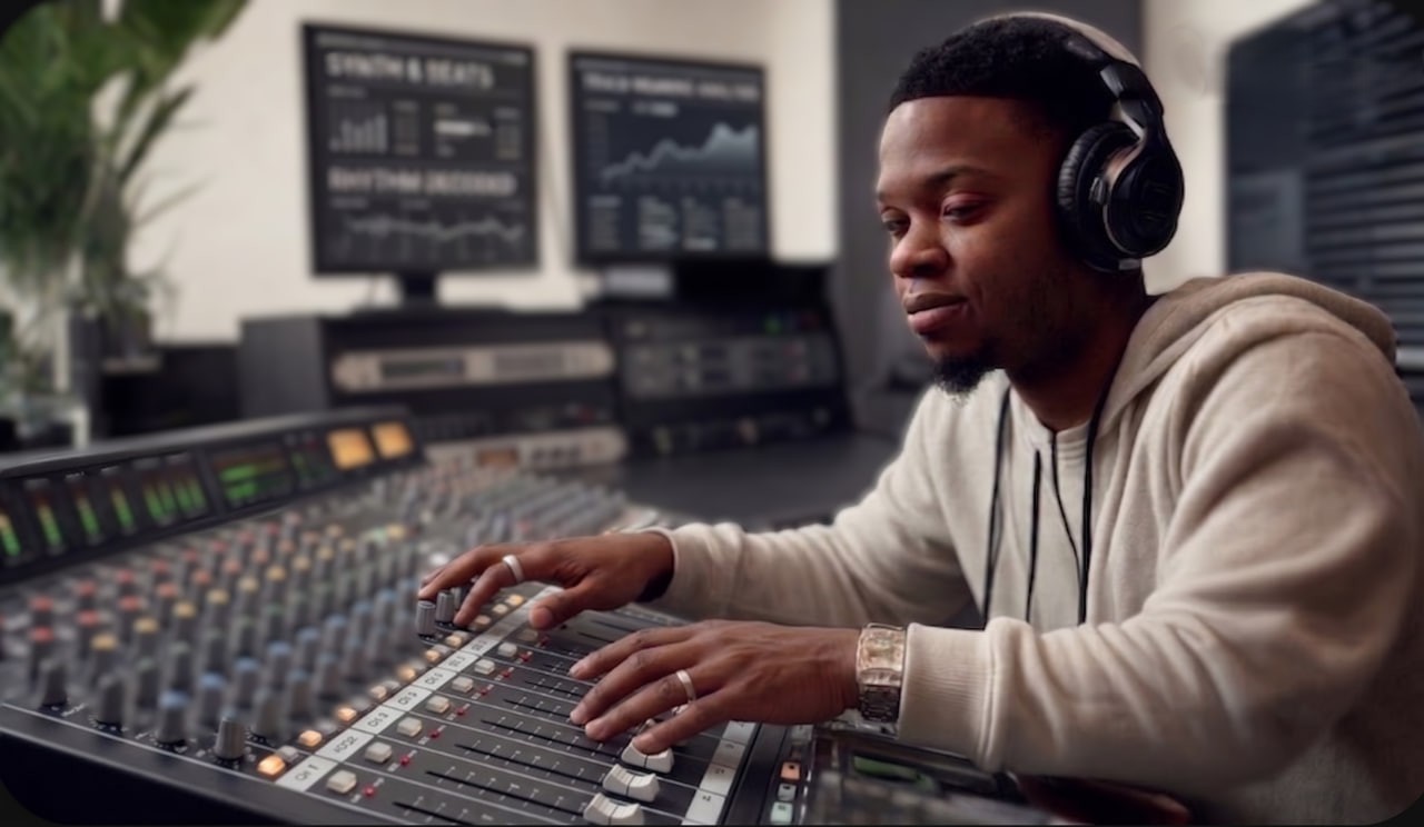 Rapper analyzing lyrics behind mixing console
