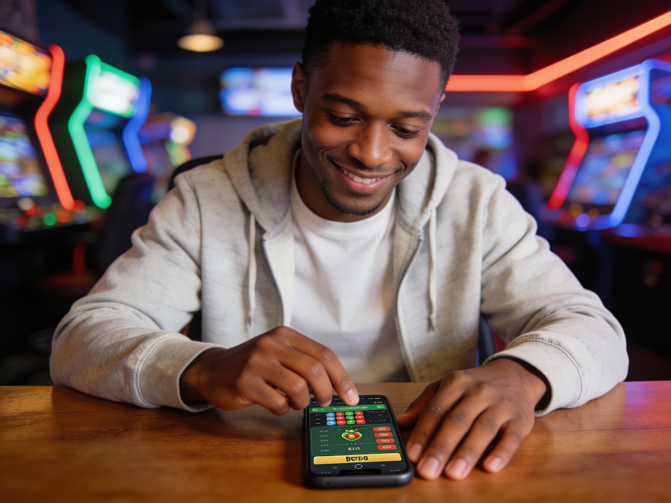 Young man checking rap themed online casino bets on smartphone in urban lounge